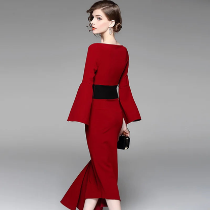 New irregular waist-tightening dresses red medium-length dress for solid slash neck flare sleevebanquet
